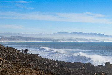 Seascape with a moutain in background. Surf spot in Ericeira Portugal