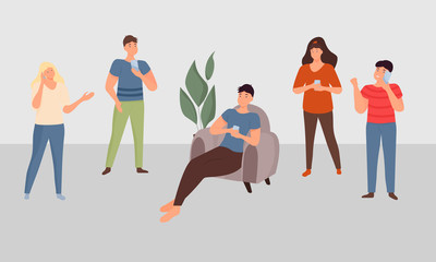 A group of people talking on the phone. Flat cartoon character. Vector. Communication by mobile phone. Online chat. Online business. Conversation.