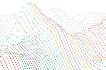 3D digital colored wireframe landscape on white background. Sound waves abstract visualization. Concept of big data charts analysis and information technology. Vector illustration of sound waves flow.