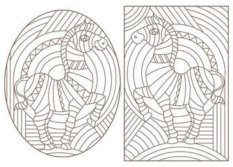 Set of outline illustrations with abstract  Zebras, dark outlines on light background