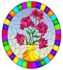Illustration in stained glass style with bouquets of pink poppies flowers in a yellow vase  on table on a blue background, oval image in bright frame