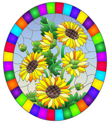Illustration in stained glass style flower of sunflowers on a blue background in a bright frame,oval  image