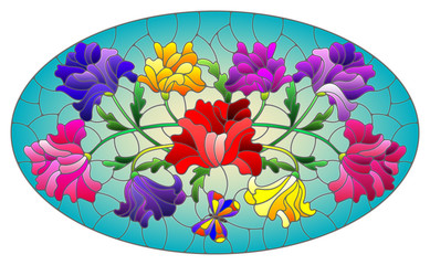 Illustration in stained glass style with floral arrangement of flowers, colorful flowers and leaves on a blue background, oval image