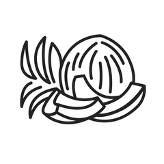Pieces of coconut with leaves black line icon. Tropical fruit. Pictogram for web page, mobile app, promo. UI UX GUI design element. Editable stroke.
