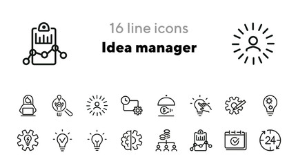 Idea manager line icon set. Shining lightbulb, gear, bulb. Business concept. Can be used for topics like new project, startup, leader, innovation
