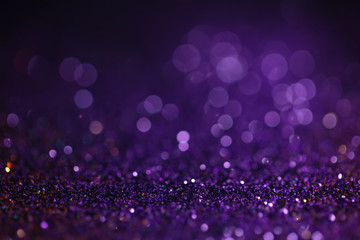 Purple glitter festive background. Abstract violet blurred circles. Bokeh lights with bright shiny effect illustration. Overlapping glowing and twinkling spots decorative backdrop design - 324334479
