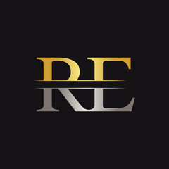 Abstract Letter RE Logo Design Vector Template. Creative Gold and Silver Colors RE Letter Logo Design