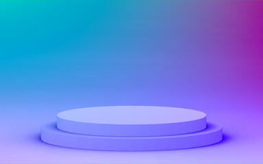 3d purple blue neon light cylinder podium minimal studio gradient dark colors background. Abstract 3d geometric shape object illustration render. Display for nightclub party and technology product.
