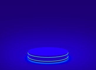 3d blue neon light cylinder podium minimal studio blue dark background. Abstract 3d geometric shape object illustration render. Display for technology product.
