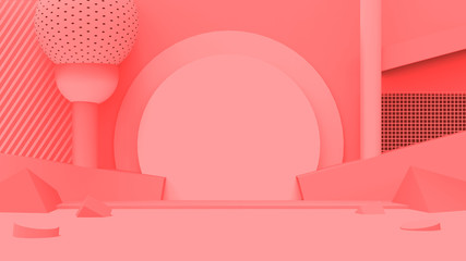 3d Living Coral color scene modern minimal design in studio background. Abstract 3d geometric shape object illustration render. Display for cosmetic perfume fashion product.