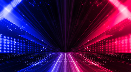 Obraz premium Dark abstract futuristic background. Neon lines glow. Neon lines, shapes. Pink-blue glow. Empty Stage Background