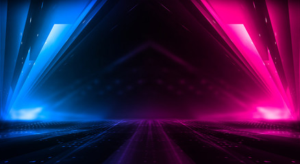 Dark abstract futuristic background. Neon lines glow. Neon lines, shapes. Pink-blue glow. Empty Stage Background