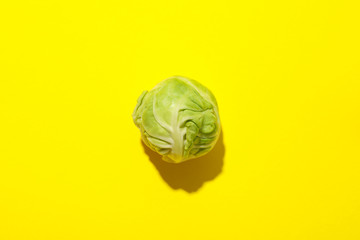 Single brussels sprout on yellow background, close up