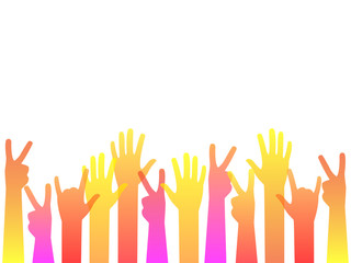 Hands up, Cultural Diversity Day illustration card of diverse human hands united for social freedom and peace isolated, poster.
