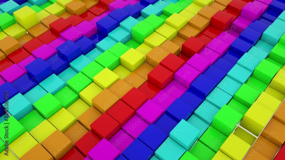 Poster multi-colored cubes slowly rise and fall. abstract 3d rainbow background. 3d render