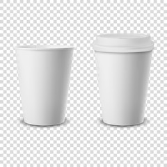 Vector 3d Realistic Disposable Opened and Closed with Lid Paper, Plastic Coffee Cup for Drinks Icon Set Closeup Isolated on Transparent Background. Design Template, Mockup. Front View