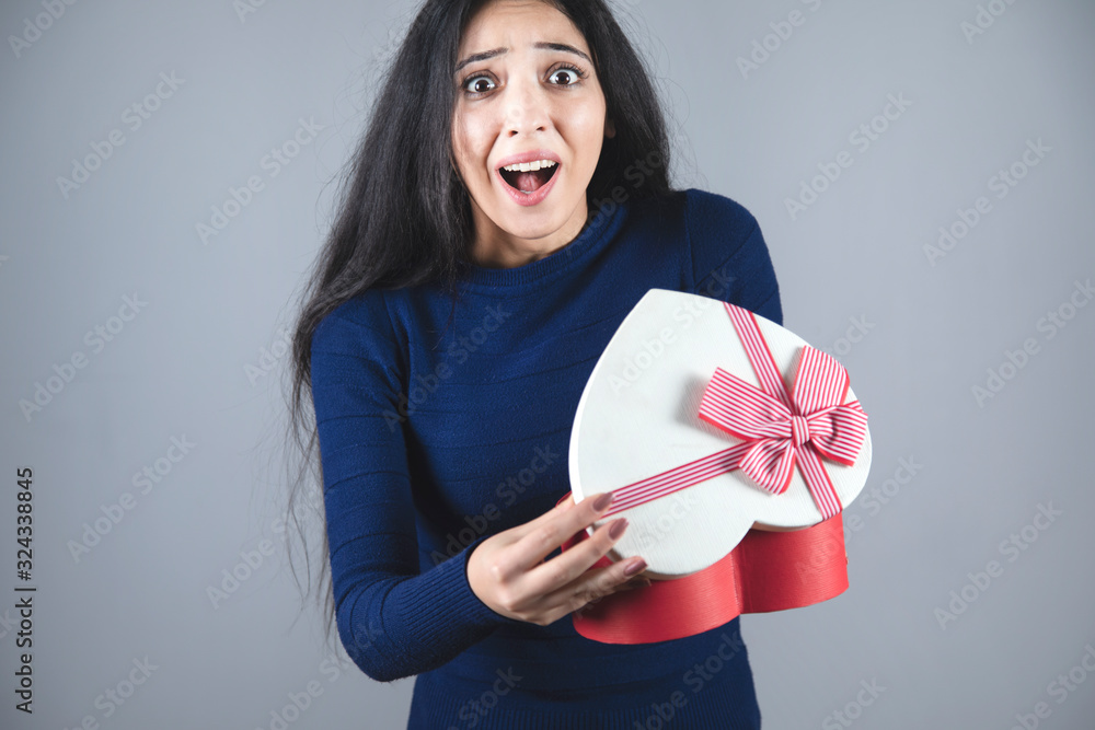 Poster happy surprised woman hand heart box