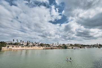 View of the darsena of the Guadalquivir river in Seville. Andalucia, Spain