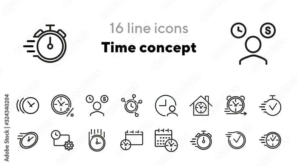 Poster time concept icons. set of line icons. accelerated time, calendar with clock, video timer. time conc