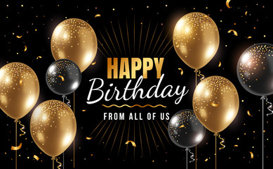 Vector happy birthday illustration with 3d realistic golden air balloon on black background with text and glitter confetti.