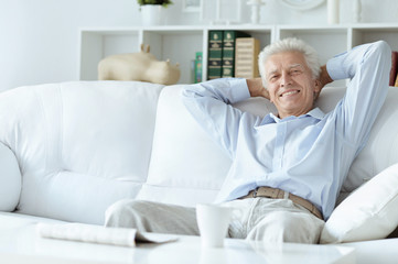 Portrait of senior man reading newspaper at home