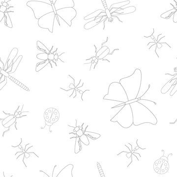 seamless insect outline pattern isolated on white background, vector