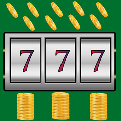 Slot machine lucky sevens jackpot concept 777. Vector casino game. Slot machine with money coins. Fortune chance jackpot	