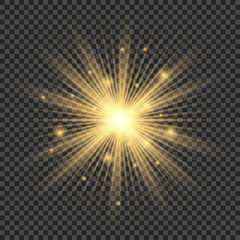 Abstract golden front sun lens flare translucent special light effect design. Vector blur in motion glow glare. Isolated transparent background.