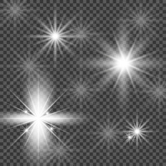 Shining set sun, bright flash or light explodes on a transparent background. Vector