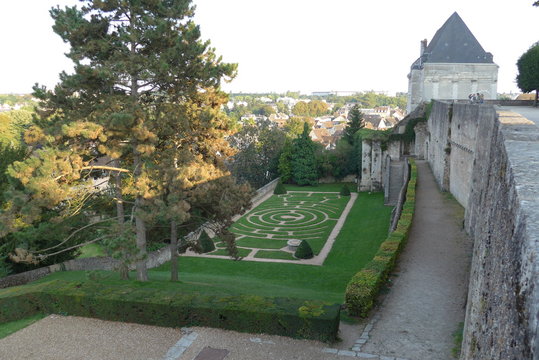Chartres (France), September 2014. Center-Val-de-Loire, Chartres labyrinth in Chartres Cathedral garden with views of the old town of Basse Ville