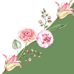 decorative border for the decor of delicate flowers of roses and tulips, watercolor illustration