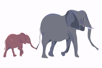 Elephant family on a walk. Vector illustration.