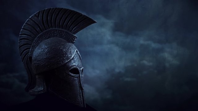 Ancient Spartan (Greek) warrior helmet animated background loop, with copyspace . Suitable for TV documentaries, history information etc.
