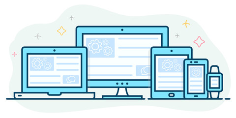 Responsive web design. Landing page is open on different devices: laptop, computer, tablet, smartphone and smart watch.