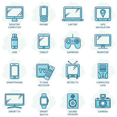 Responsive design related color line icons. Modern technology devices set