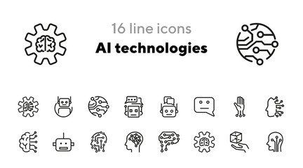 AI technologies line icon set. Brain, bot, algorithm, circuit board. Artificial intelligence concept. Can be used for topics like science, robotics, machine learning