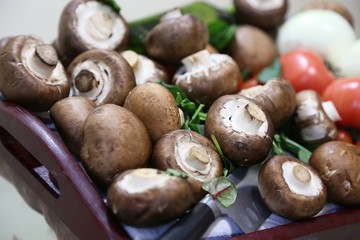 Still life from products: mushrooms, tomatoes small and large, onions view from above