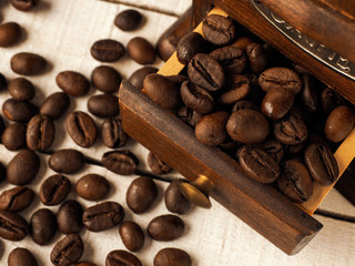 Close-up vintage coffee grinder mill with coffee grains on a dark and light wooden background.