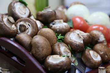 Still life from products: mushrooms, spinach, tomatoes small and large, onions side view
