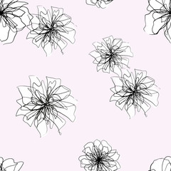 abstract floral seamless pattern with black thin lines sophisticated flowers silhouettes on background, editable vector illustration for print, decoration, fabric, textile, wallpaper