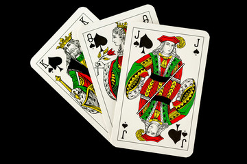 Playing Cards; Suit of Spades, Clubs and Diamonds fanned out over black background. Gambling, Poker, Win, Lose, Chance, Gambling, Money, Red, Black, Jack, Queen, King