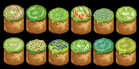 Set of Easter cakes with toppings. Traditional Easter holiday baked food. Vector Illustration