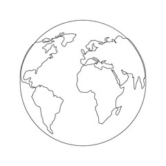Map on globe one line drawing on white isolated background. Abstract outline of the continents. Vector illustration