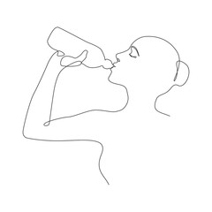 Young woman drinks water from a bottle while playing sports one line drawing on white isolated background. Vector illustration