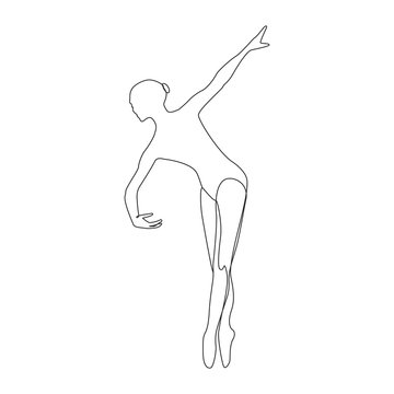Ballerina one line drawing on white isolated background. A young woman is dancing. Vector illustration