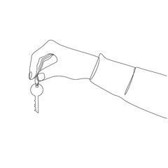Hand holds a key one line drawing on white isolated background. Vector illustration 