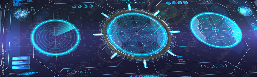 Poster Virtual dashboard HUD in isometric. Vector tech banner. Futuristic User Interface background in perspective. Vector illustration banner
