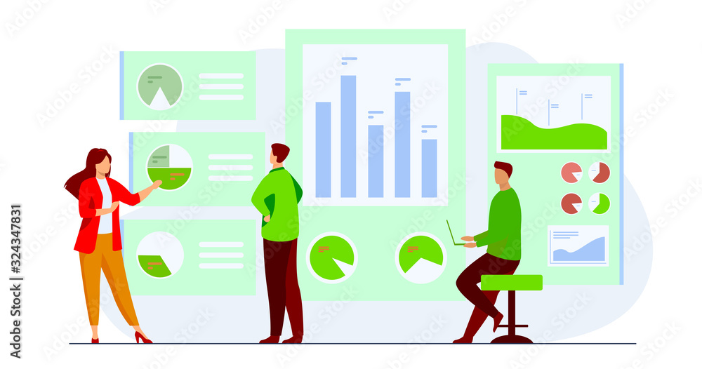 Poster office workers analyzing and researching business data vector illustration. marketing analysts devel