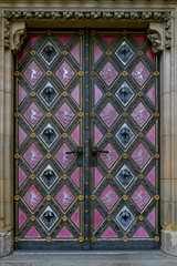 Sturdy Old Metal Door with Iron Forged Decorative Ornament  in     Czech medieval Church of St....