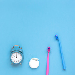 Teeth hygiene and oral care products flatlay